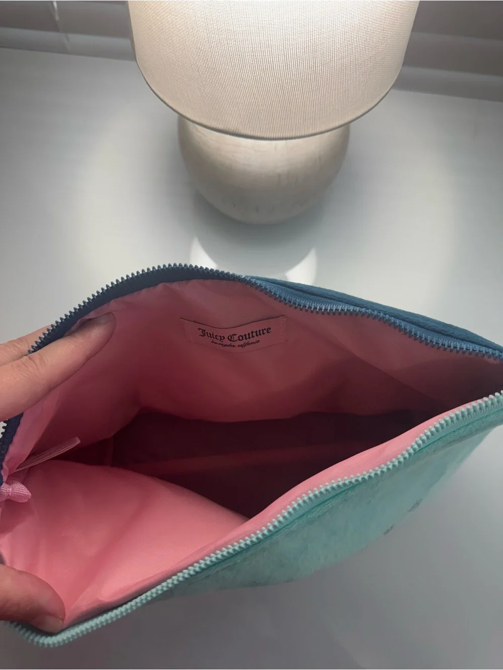 Juicy Couture Teal Mint Blue Velour Velvet Cosmetic Bag Soft Rhinestone